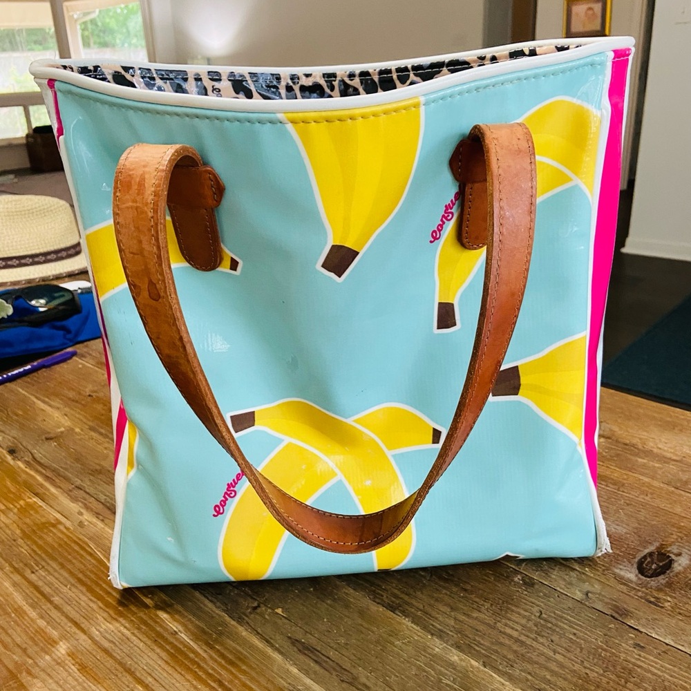 CONSUELA Banana Print Classic Tote Bag with Brown Leather Handles